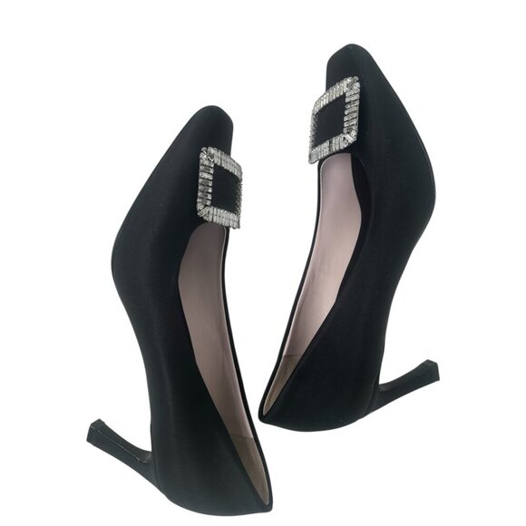 Roger Vivier Trompette Crystal Buckle Squared Toe Black Satin 70mm Pumps Size 11 - Picture 8 of 16